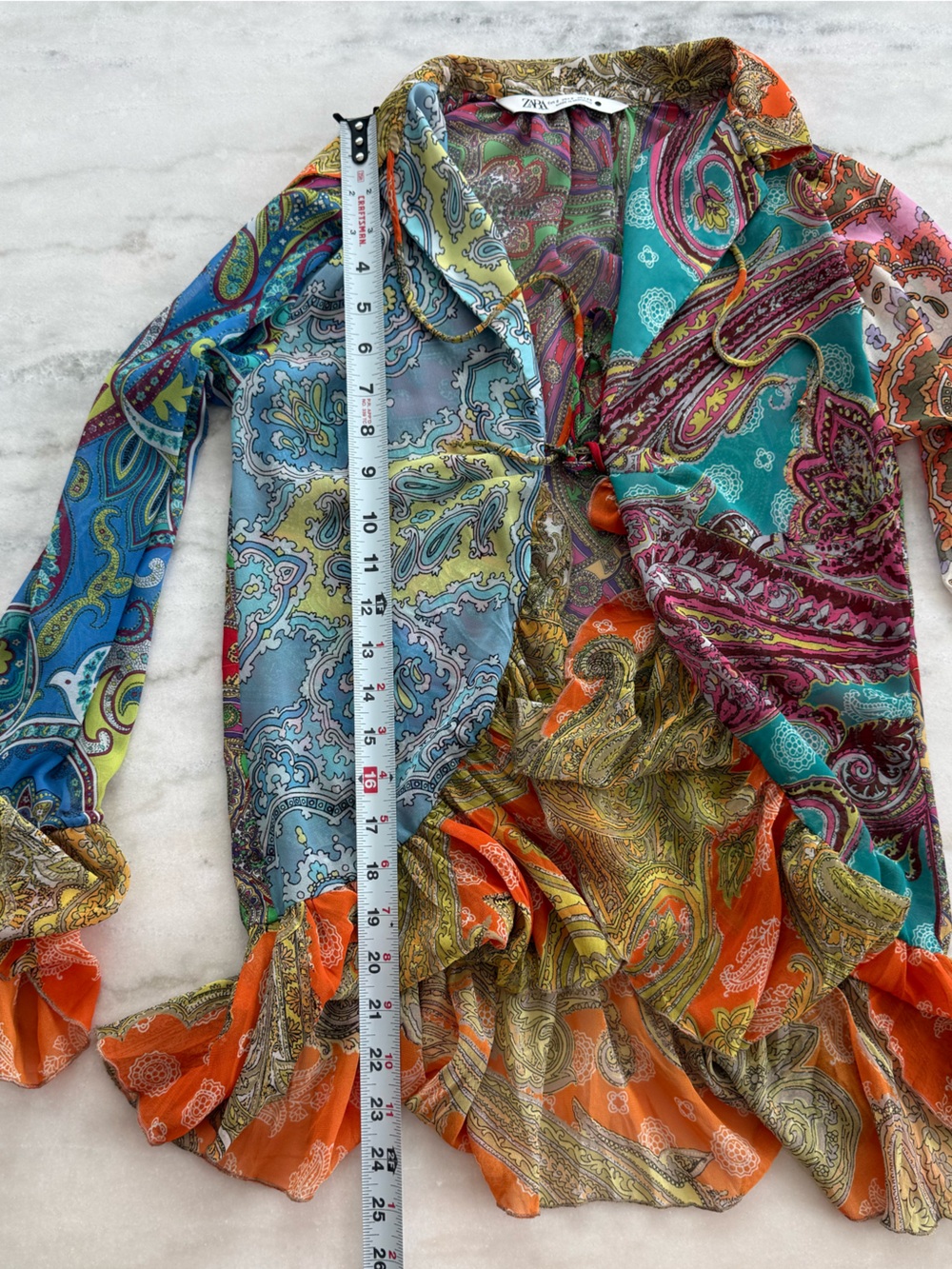 Zara Paisley Print Ruffle Blouse Boho Bell Sleeve Sheer Top Women Size S - Picture 7 of 12